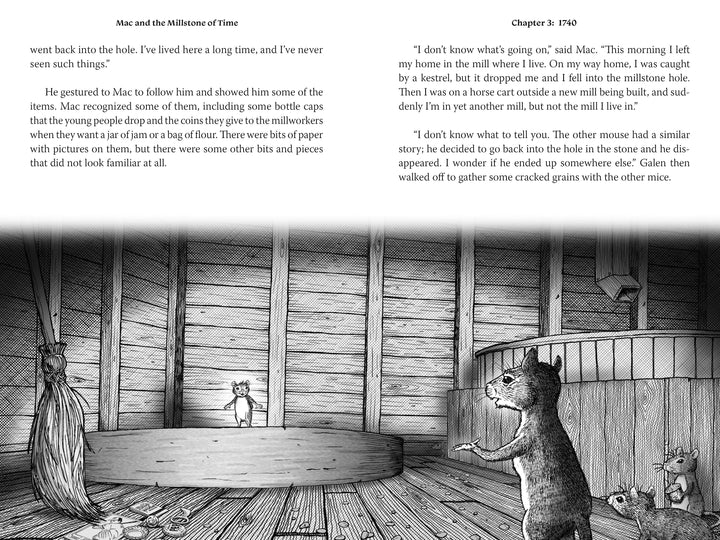 A black-and-white illustration from "Mac and the Millstone of Time" (Schiffer Publishing, Ltd.) shows three mice in Old Wye Mill—one stands on a stone, speaking to the others by spilled grain as sunlight streams through the wall. Ideal for early chapter books.