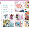 The Fabric Stamping contents page by Schiffer Publishing, Ltd. lists chapters on fabric stamping and block printing with vivid photos of hand-printed projects like shirts, pouches, towels, and patterned swatches.