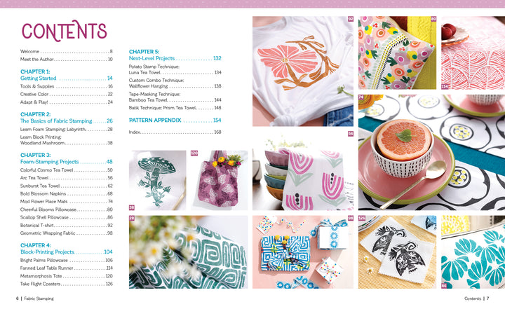 The Fabric Stamping contents page by Schiffer Publishing, Ltd. lists chapters on fabric stamping and block printing with vivid photos of hand-printed projects like shirts, pouches, towels, and patterned swatches.