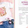 A white T-shirt with a bold pink and orange floral design rests on a pink background beside denim jeans and flowers. On the right, Schiffer Publishing, Ltd.'s "Fabric Stamping" project describes foam stamping and needed materials.