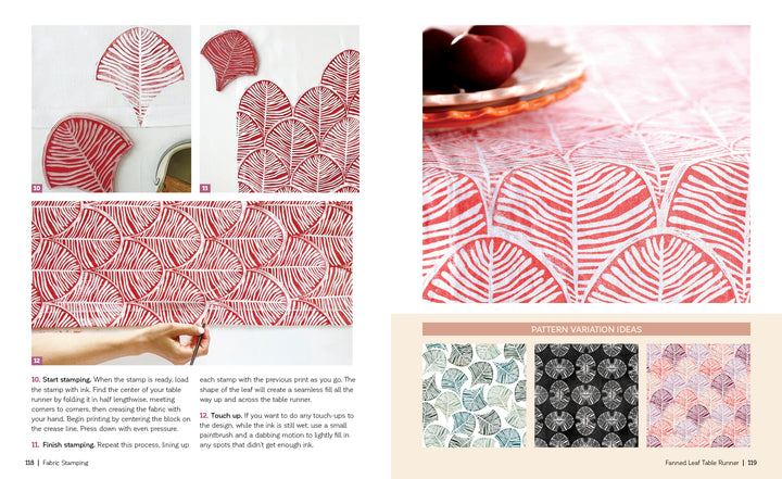 A step-by-step guide from Schiffer Publishing, Ltd.'s Fabric Stamping shows red leaf patterns stamped on white fabric, close-ups of the runner, design variations in blue, pink, and black, and a plate with a plum on the finished piece.