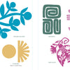 A vibrant page from Schiffer Publishing, Ltd.'s "Fabric Stamping" shows blue organic blooms, a green labyrinth, a pink folk sunflower, a light blue ribbon burst, a yellow sunburst, and a pink cutout bird—all labeled for fabric stamping.
