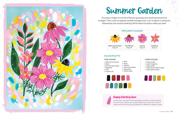 Happy Flower Painting for Beginners by Schiffer Publishing, Ltd. features vibrant pink flowers with green leaves on a blue background, plus step-by-step tips, color swatches, and flower illustrations for easy painting.