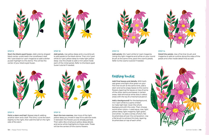 Happy Flower Painting for Beginners by Schiffer Publishing, Ltd. features step-by-step illustrated guides for painting vibrant pink, yellow, and purple wildflowers with green leaves. Instructions and finishing touches surround the artwork on a white background.