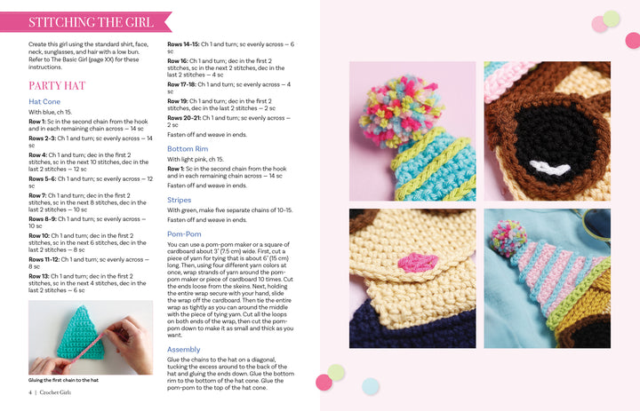 Two pages from Crochet Girls by Schiffer Publishing, Ltd. show written instructions for a party hat and girl's face, with close-up photos of pastel crochet hats and an appliqué project featuring a brown-haired girl with simple embroidery.
