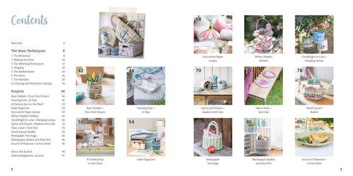 A contents page from Schiffer Publishing, Ltd.'s "Weaving Paper" shows sections on the left and color photos of woven baskets and decorative recycled paper projects on the right, each labeled with its page number.