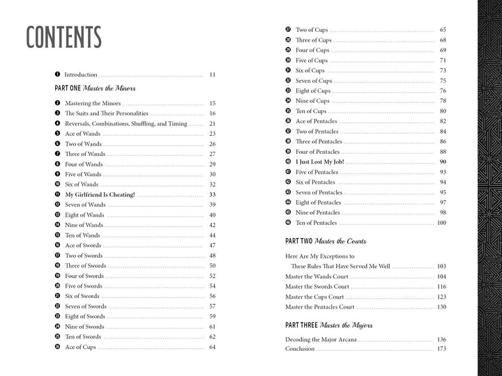 Table of contents page listing sections and chapters of "Decode Tarot" by Schiffer Publishing, Ltd., featuring the Minors, Courts, and Majors with page numbers plus detailed entries for Tarot readings and interpretations.