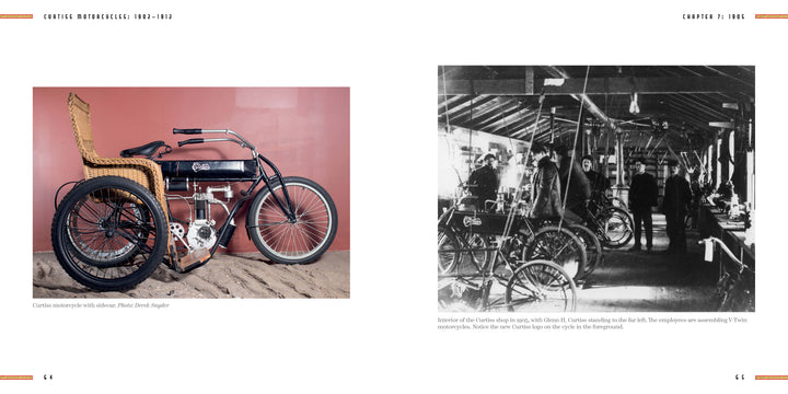 On the left, a vintage Curtiss motorcycle is shown indoors on sand. On the right, a black-and-white photo captures people assembling bikes in a busy workshop. Product: Curtiss Motorcycles by Schiffer Publishing, Ltd.