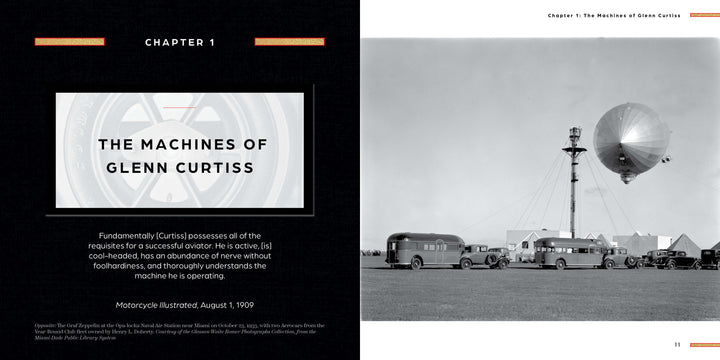 A black-and-white photo of early 1900s vehicles and people around a large observation balloon, with buildings behind. On the left is a book chapter title about the Curtiss Aerocar by Schiffer Publishing, Ltd., detailing its pioneering history.