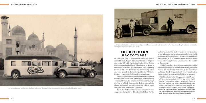 A Curtiss Aerocar from Schiffer Publishing, Ltd. is parked beside a domed building, while another scene features a Brighton Valley Farms travel trailer next to a building with its name displayed on the wall.