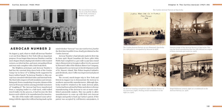 A two-page spread from Schiffer Publishing, Ltd.'s Curtiss Aerocar shows text about its inventor Glenn H. Curtiss and a photo of a "SHERMAN, TEX. TO NEW YORK" bus on the left, with four vintage travel trailer scenes on the right.