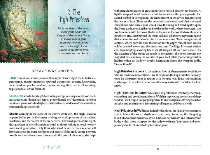 The Westwood Tarot by Schiffer Publishing, Ltd. features an illustrated High Priestess card with a crowned white owl in a snowy forest, plus guidebook text offering tarot meanings and interpretations.