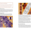 A spread from "Pick-Up Bandweaving Designs" by Schiffer Publishing, Ltd. displays woven bands in purple, orange, and brown with geometric patterns, matching yarn skeins, explanations of color choices, and pattern charts for Baltic-style bandweaving.