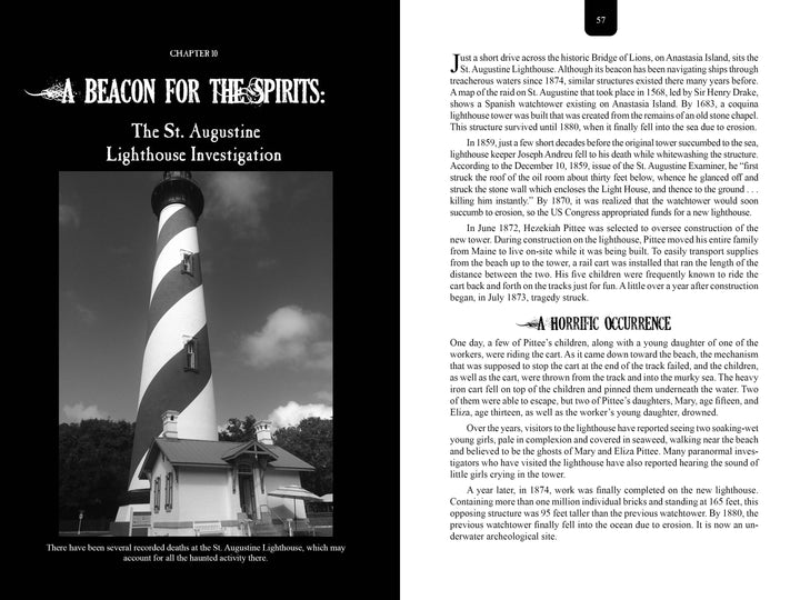 A black-and-white photo of the St. Augustine Lighthouse under cloudy skies appears on "St. Augustine’s Afterlife" by Schiffer Publishing, Ltd., capturing its haunted legacy as the lighthouse rises beside a small building.
