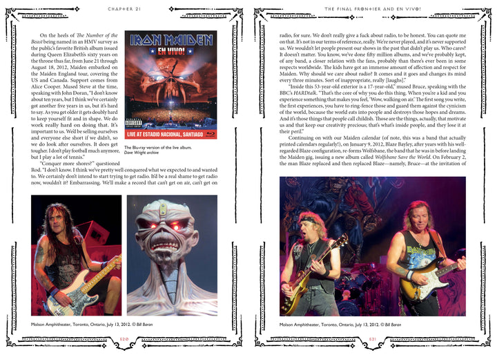 Two pages from Schiffer Publishing, Ltd.'s "Hallowed by Their Name" show Iron Maiden performing live, the En Vivo! album cover, and describe a Toronto concert and the band's tour.