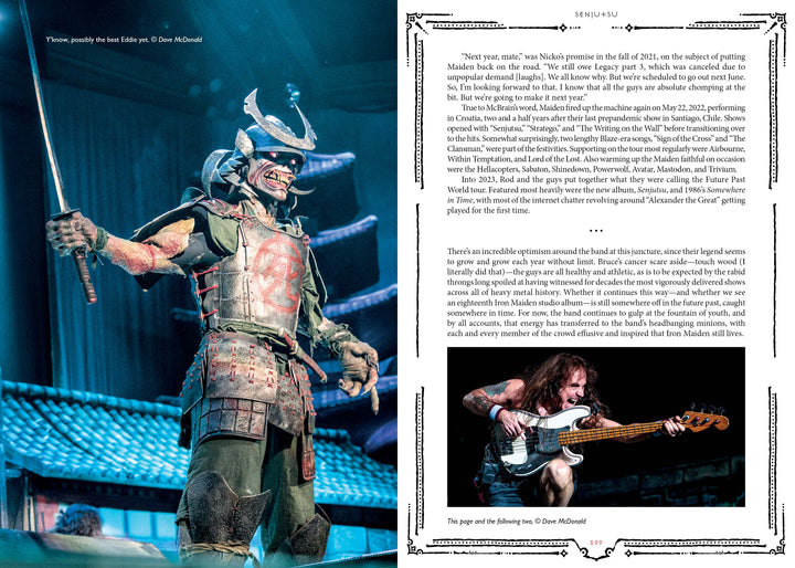 A samurai-armored performer stands on stage with a sword under blue light, while a bassist plays nearby—pictured beneath text about Schiffer Publishing, Ltd.’s “Hallowed by Their Name” album history by Martin Popoff.