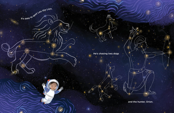 Reaching for the Stars" by Schiffer Publishing, Ltd. features a child in a spacesuit floating below a night sky filled with constellation outlines—a lion, two dogs, and Orion. Ideal for picture books introducing kids to space and STEM concepts.