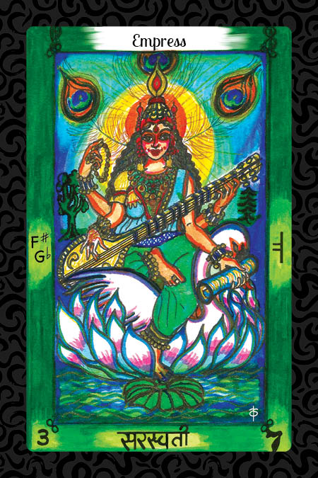 The Vedic Tarot by Schiffer Publishing, Ltd. features an Empress card showing a four-armed goddess on a white swan among lotuses, holding a veena, prayer beads, and scroll, with peacock feathers and a glowing halo behind her.