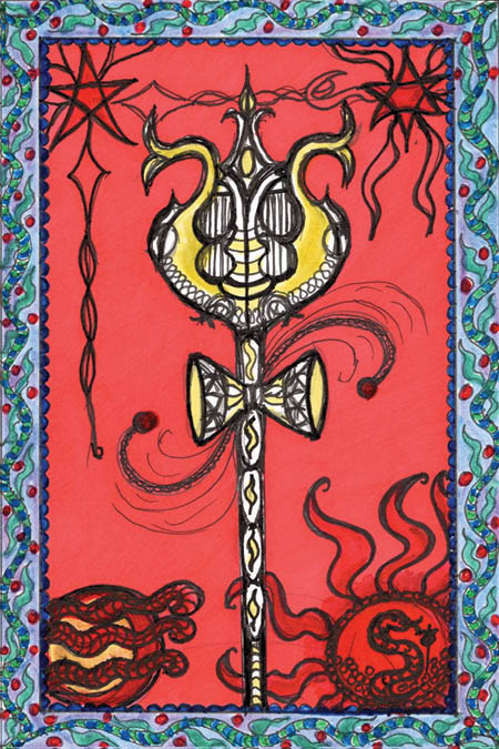The Vedic Tarot by Schiffer Publishing, Ltd. features a golden staff with twin serpents and detailed patterns against a red background, bordered in vibrant colors. Abstract shapes and suns blend Western Tarot mystique with Eastern spirituality.