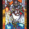 The Vedic Tarot by Schiffer Publishing, Ltd. features a vibrant card showing an armored figure on a white bull against a starry blue sky, bordered with symbols. The title "1st. Traveller" tops the card as the figure holds a glowing staff.