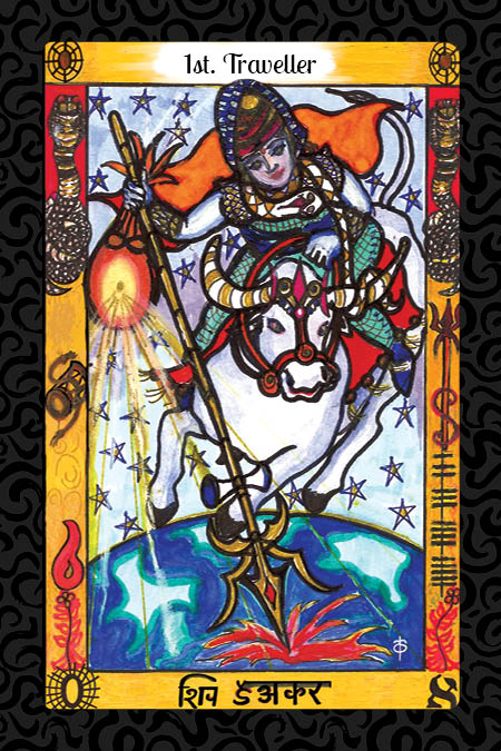 The Vedic Tarot by Schiffer Publishing, Ltd. features a vibrant card showing an armored figure on a white bull against a starry blue sky, bordered with symbols. The title "1st. Traveller" tops the card as the figure holds a glowing staff.