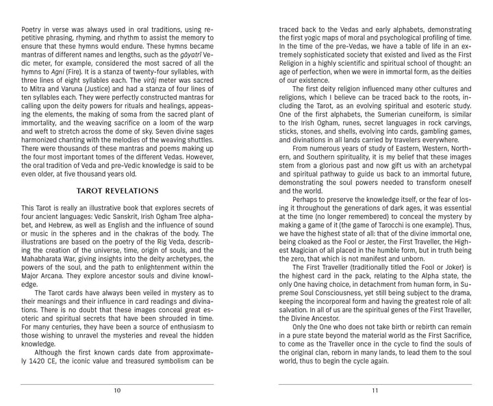 A two-page spread in The Vedic Tarot by Schiffer Publishing, Ltd. explores hymn origins, Tarot mysteries, and ancient traditions through paragraphs, section titles, and text columns—presented without images or illustrations.