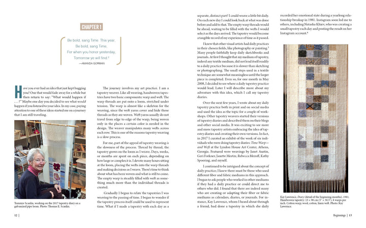 A two-page magazine spread highlights "Marking Time with Fabric and Thread" by Schiffer Publishing, Ltd., featuring a story on tapestry weaving, a large photo of Tommye Scanlin at her loom, and a striking image of her geometric fiber art.