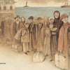 A sepia-toned illustration from "Bound to Dream" by Schiffer Publishing, Ltd. shows Italian immigrants with suitcases lining up at a port, ships behind them. On the left, text tells of Carlo’s 1800s arrival in New York City.