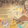 An elderly man with glasses reads at a desk with colorful creatures, a toy ship, and lamp. Onlookers evoke an 1800s NYC Italian immigrant tale. "Bound to Dream" by Schiffer Publishing, Ltd.; text is on the left side.