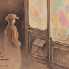 A person in a cap gazes into a glowing bookstore window of colorful books as two figures pass by—an immigrant story for children set in 1800s New York City. Bound to Dream by Schiffer Publishing, Ltd. Text: “‘So many beautiful books,’ he whispered.”.