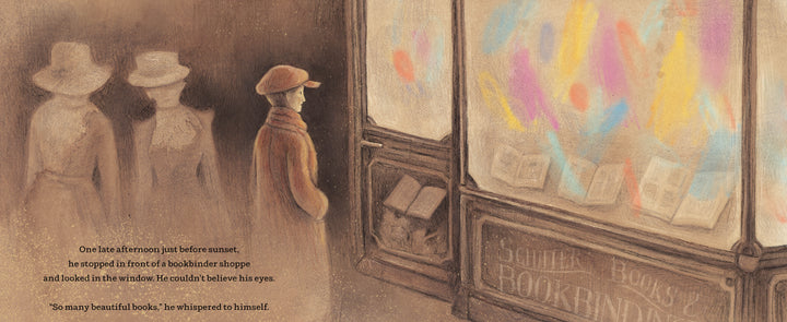 A person in a cap gazes into a glowing bookstore window of colorful books as two figures pass by—an immigrant story for children set in 1800s New York City. Bound to Dream by Schiffer Publishing, Ltd. Text: “‘So many beautiful books,’ he whispered.”.