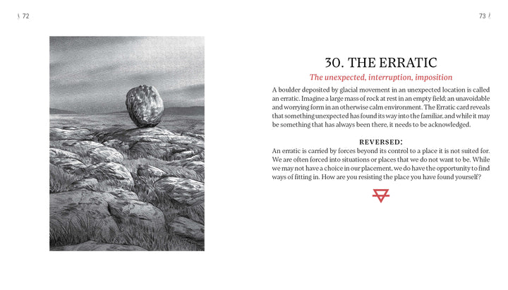 A black-and-white drawing of a boulder sits on rocky ground. On the right, text explains The Erratic card from The Bloodlands Oracle by Schiffer Publishing, Ltd., revealing its meaning and reversed interpretation in this nature-themed deck.