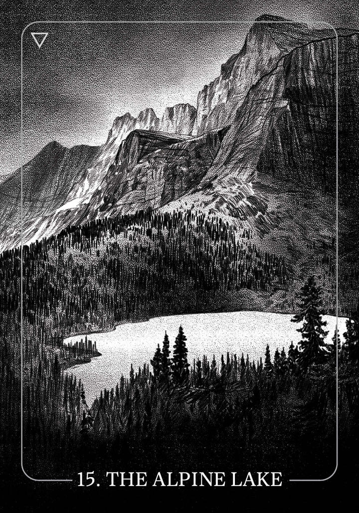 A black and white illustration of mountains, forests, and a calm alpine lake. This nature-inspired card—15. THE ALPINE LAKE—is part of The Bloodlands Oracle by Schiffer Publishing, Ltd.