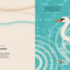 Left page: Colorful fish swim below wavy lines with text on wave patterns. Right page: A white swan on blue water with ripples and reflections. "The Mathematics of the Universe" by Schiffer Publishing, Ltd. explores math patterns for children.