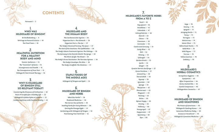 Saint Hildegard’s Guide to Wellness by Schiffer Publishing, Ltd. features a table of contents with nine illustrated sections and botanical herb drawings, exploring Hildegard of Bingen, herbal medicine, nutrition, and holistic cosmetics.