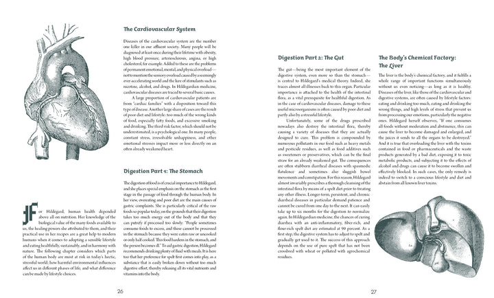 Two pages from Saint Hildegard’s Guide to Wellness by Schiffer Publishing, Ltd. show detailed illustrations of a heart and liver, with text exploring the cardiovascular system and the liver's functions based on Hildegard of Bingen’s holistic principles.