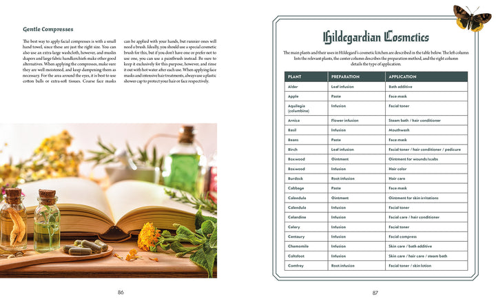 An open book, "Saint Hildegard’s Guide to Wellness" by Schiffer Publishing, Ltd., sits on a wooden table with glass bottles, herbs, and a “Hildegardian Cosmetics” chart listing herbal remedies for holistic skin and hair care.