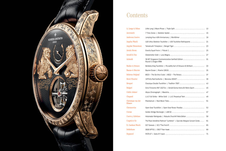 On the left, Timeless Classics by Schiffer Publishing, Ltd. features a gold-detailed watch with lion motifs; on the right, a table of contents lists formal and modern dress watches from top luxury brands and their page numbers.