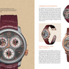 Two pages from Schiffer Publishing, Ltd.’s "Timeless Classics" showcase horological artistry: the left features a close-up of a watch with a burgundy leather strap, and the right presents three modern dress watches with refined descriptions.