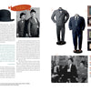 A two-page spread in "Collecting Laurel and Hardy" by Schiffer Publishing, Ltd. showcases vintage suits on mannequins, hat illustrations, clothing label close-ups, a film still, comedy memorabilia, and text on the comedians' costumes.
