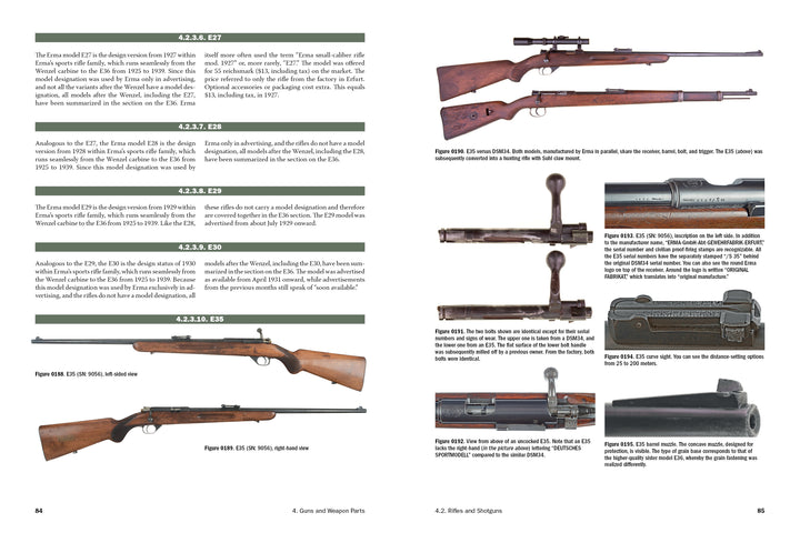 A spread from ERMA: Erfurter Maschinenfabrik, 1924–2003, Vol. 1 (Schiffer Publishing, Ltd.) shows labeled images and details of five German rifles, highlighting features, identification points, and ERMA's historical background.