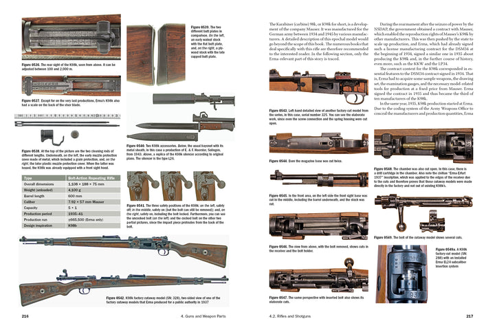 A two-page spread from *ERMA: Erfurter Maschinenfabrik, 1924–2003, Vol. 1* (Schiffer Publishing) features labeled photos and diagrams of vintage rifles, bayonets, mechanisms, parts, German small arms, and ammunition with detailed descriptions.