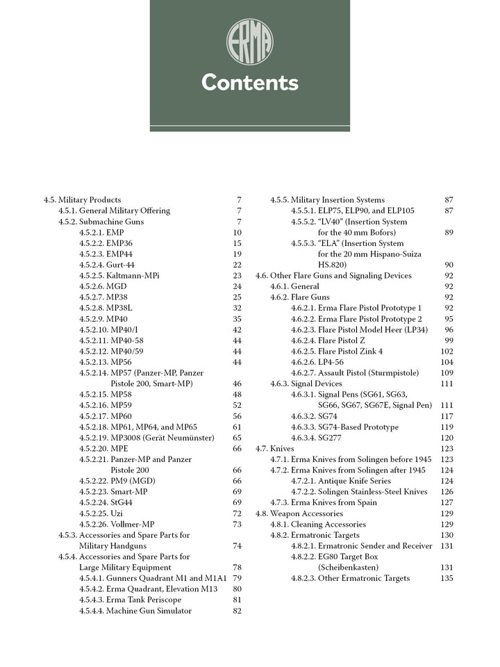 The table of contents for "ERMA: Erfurter Maschinenfabrik, 1924–2003, Vol. 3" by Schiffer Publishing, Ltd. lists sections on military products like MP40 submachine guns, panzer parts, targeting devices, and features the ERMA logo at the top center.