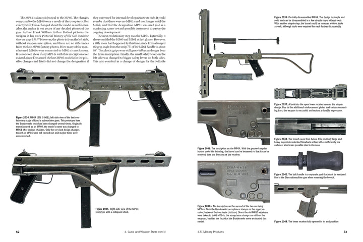 Two pages from "ERMA: Erfurter Maschinenfabrik, 1924–2003, Vol. 3" (Schiffer Publishing, Ltd.) feature multiple photos of Sten and ERMA submachine guns, with close-ups, side views, disassembled parts, and captions on design changes.