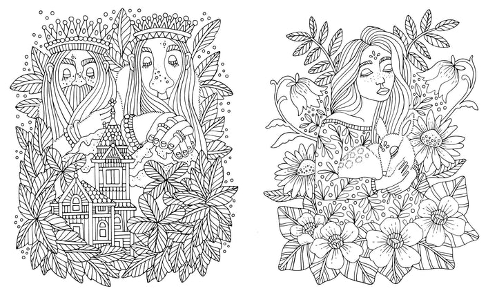 Discover two intricate black-and-white illustrations in Schiffer Publishing, Ltd.’s Fairy Tales & Folklore Coloring Book: a king and queen above a leafy castle, and a calm woman with a rabbit surrounded by flowers and plants.