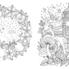 From Schiffer Publishing, Ltd.'s Fairy Tales & Folklore Coloring Book: left page—two deer amid flowers and fruit; right page—a jeweled-saddle deer stands among mushrooms, leaves, and sparkles in black-and-white Scandinavian style.