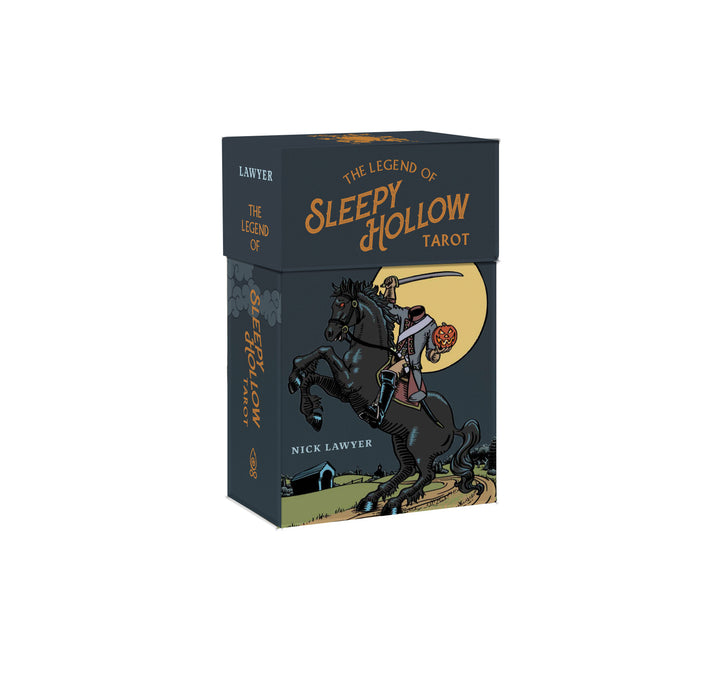 The Legend of Sleepy Hollow Tarot—Headless Horseman Edition by Schiffer Publishing, Ltd. is a literary tarot deck featuring the Headless Horseman on a black horse, holding a pumpkin, with art by Nick Lawyer.