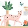 A cartoon cheetah with green leaves, orange flowers, and a butterfly greets with "HELLO THERE!"—from Schiffer Publishing’s KindKids Super Awesome Puzzle Collection kids activity book series.