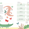 A vibrant page from Schiffer Publishing’s KindKids Super Awesome Puzzle Collection features playful alligator, butterfly, and lizard drawings with brain-boosting scrambled word puzzles and easy-to-follow instructions.