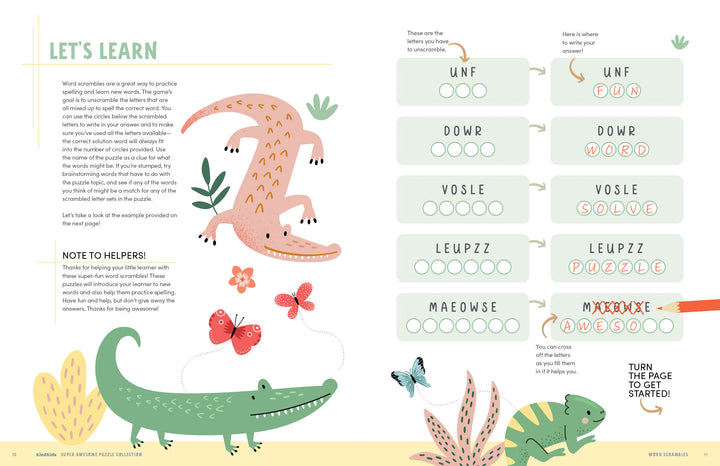 A vibrant page from Schiffer Publishing’s KindKids Super Awesome Puzzle Collection features playful alligator, butterfly, and lizard drawings with brain-boosting scrambled word puzzles and easy-to-follow instructions.